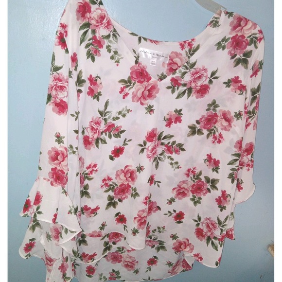 Chelsea & Theodore SZ 1X Roses Layered Flared Sleeves Blouse Feminine Coquette - Picture 1 of 10